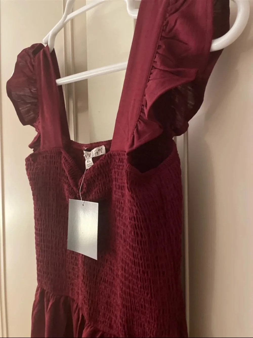 Inspired Hearts Wine Ruffle-Shoulder Maxi Dress